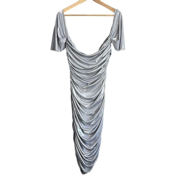 Norma Kamali Dress Womens Large Walter Lamé Gunmetal Silver Sweetheart Neck Midi - Picture 5 of 8